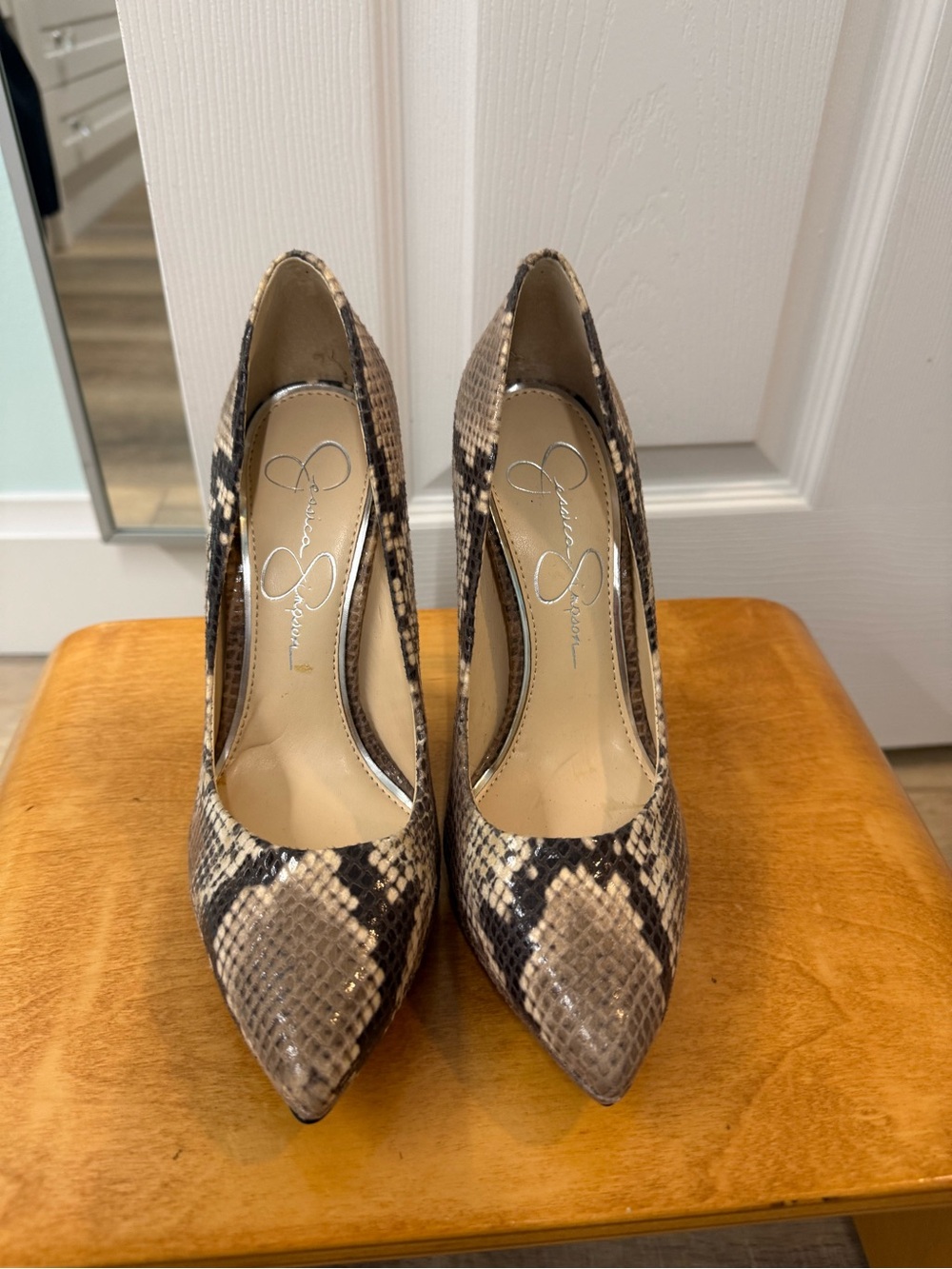 Jessica Simpson Taupe Snake-Print Pointed Pumps